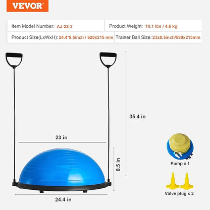 VEVOR Half Exercise Ball Trainer, 23/26 inch Balance Ball Trainer, 1500lbs Capacity Stability Ball, Yoga Ball with Resistance Bands & Foot Pump, Strength Fitness Ball for Home Gym Full Body Workout
