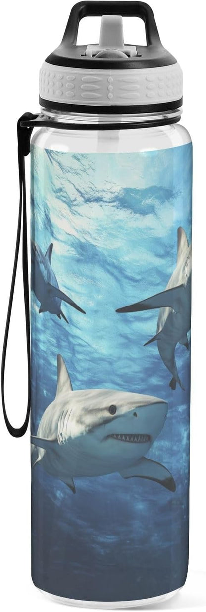 Fustylead Underwater Sharks Circling 32oz Water Bottle with Straw, Leakproof Clear Sport Water Bottles for Gym Camping Hiking Travel