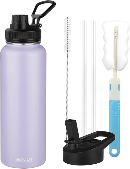 MEZMUT Insulated Water Bottle with Straw&2 Lids 40oz Stainless Steel Water Bottles Sports Metal Water Bottle Double Walled Vacuum Insulated Bottles Thermos Leak-Proof Travel Thermal (Purple)