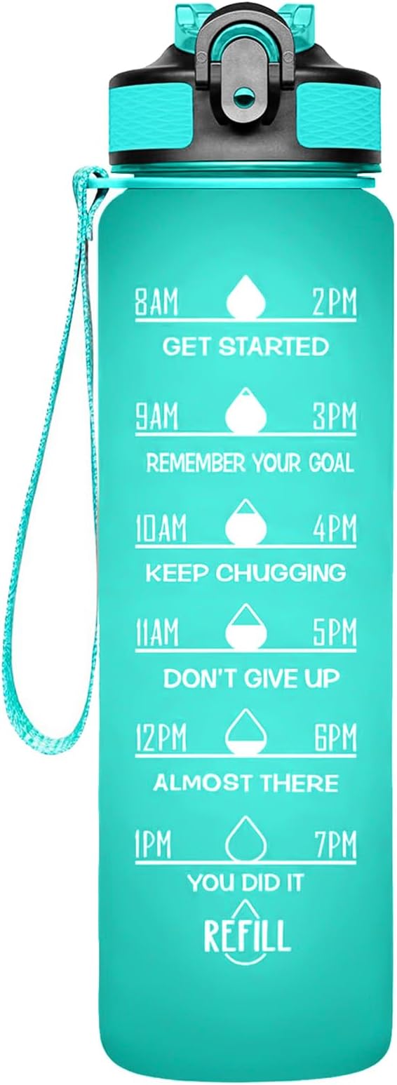 32 oz Water Bottles with Times to Drink and Straw, Motivational Water Bottle with Time Marker, Leakproof, BPA Free, Drinking Sports Water Bottle WIth Hand Strap for Fitness, Gym,Outdoor (green-1)