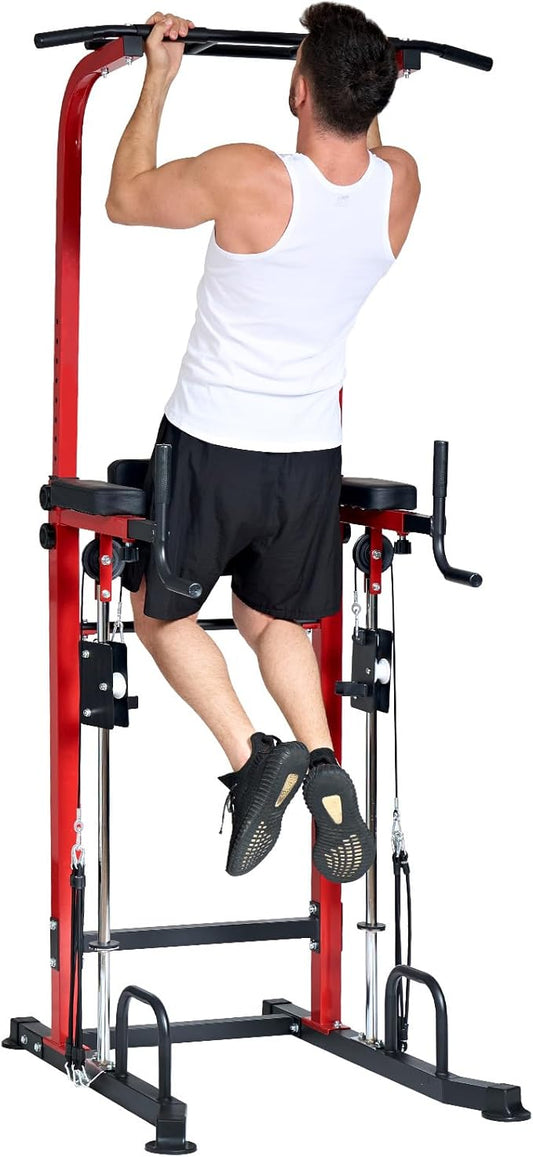 SogesGame Power Tower pull up dip station,Multi Function Adjustable Height Pull Up Bar of Assisted Pad,Strength Training Exercise Equipment with Elastic Rope for Home Gym Workout,330 Lbs