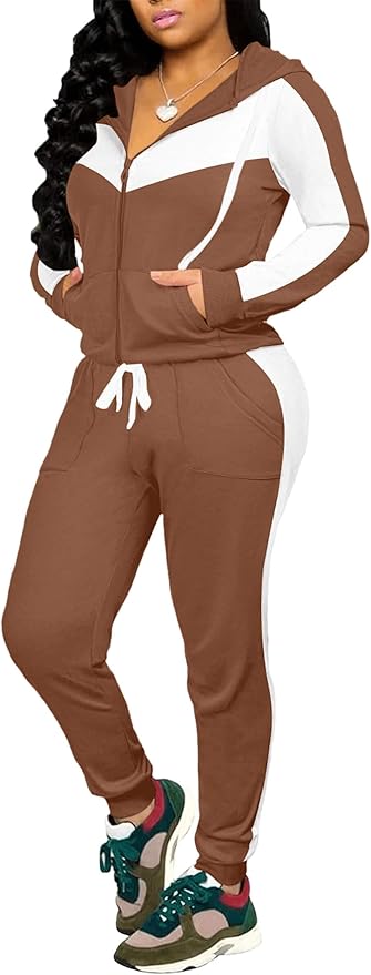 CLOCOR Track Suits for Women Set - Casual 2 Piece Outfits Sweatsuit Pocket Hoodies Long Sleeve with Patchwork Pants Set