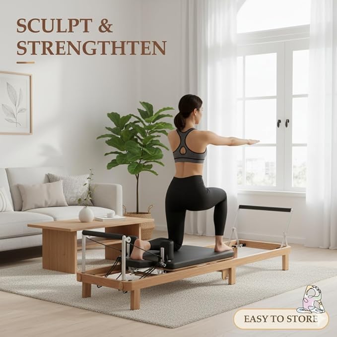 Foldable Pilates Reformer & Pilates Square Box Set–90% Pre-Assembled Home Gym Women Men Workouts Bundle, Dual Resistance System (Springs + Latex), Jumpboard & Adjustable Foot Bar for All Levels