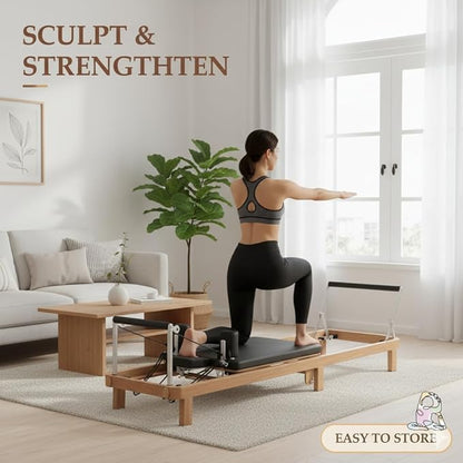 Foldable Pilates Reformer & Pilates Square Box Set–90% Pre-Assembled Home Gym Women Men Workouts Bundle, Dual Resistance System (Springs + Latex), Jumpboard & Adjustable Foot Bar for All Levels