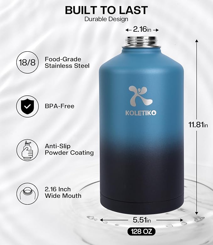Insulated Gallon Water Bottle(COLD for 36 Hrs), Non-BPA & Leak Proof, 128 oz Stainless Steel Water Jug Large with Paracord Handle, Straw & Spout Lid, Indigo Black