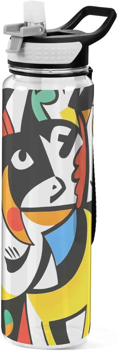Fustylead Imaginary Animals in Picasso-style 32 oz Water Bottle with Straw, Leakproof Clear Sport Bottles for Women Men Outdoor Sport Drinking