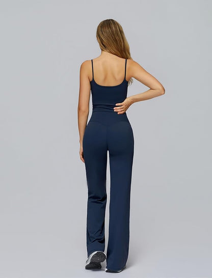 Womens Workout Sets Two Piece Spaghetti Straps Crop Top Matching Straight Leg Pants Gym Work Pilates Outfits