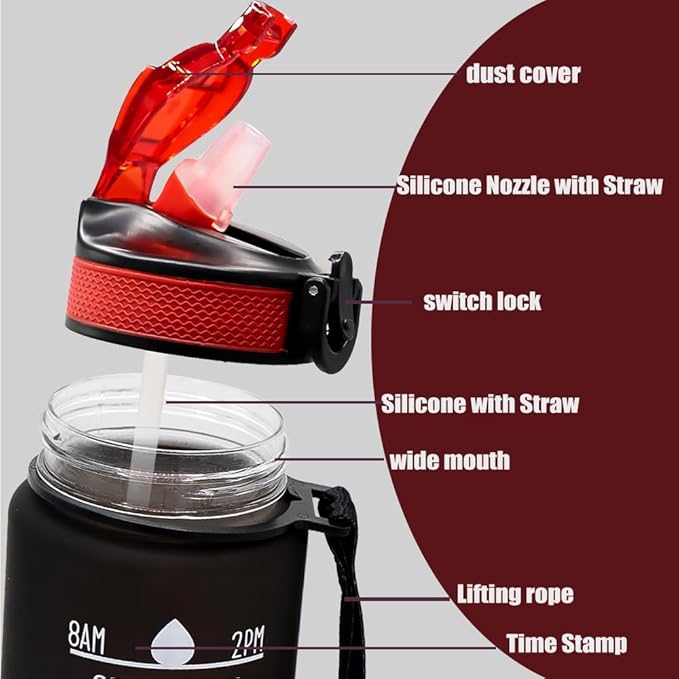 32oz Sports Water Bottle Outdoor, with Drinking Time and Capacity Labels, Sport Water Cups with Straw,BPA Free Leak Proof,for Fitness Gym Running Climbing (Black red)