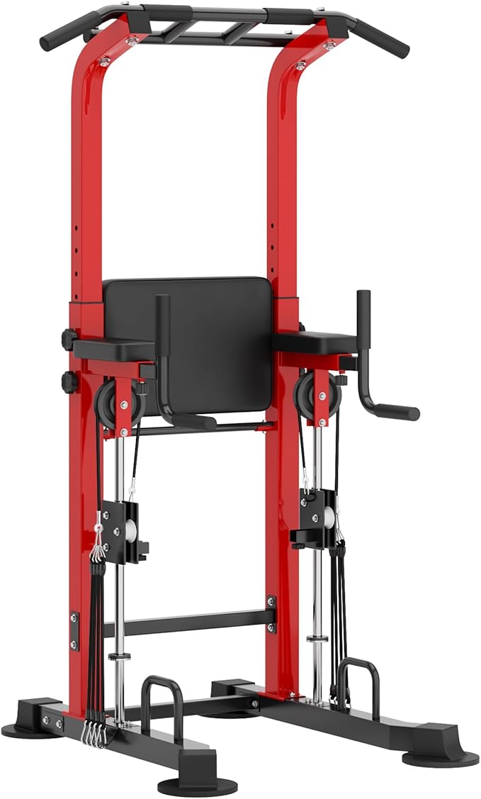 DlandHome Power Tower, Height Adjustable Pull Up Bar Dip Station with Assisted Pad, Multi-Function Home Gym Strength Training Fitness Equipment 330LBS, Red