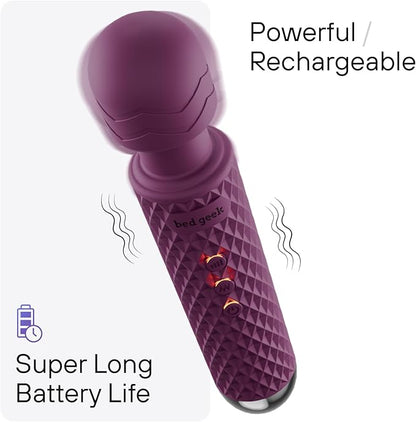 bed geek Cordless Personal Massage Wand – Waterproof & USB Rechargeable, Skin-Soft Silicone, 20 Vibration Patterns, 8 Speed Settings, Memory Function for Relaxation and Muscle Comfort