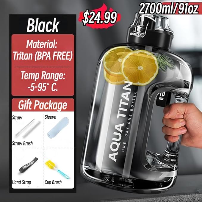 Gym Water Bottle with Straw and Time Marker (74oz-135oz) for Work, Hiking, Gym Large Capacity for Men and Women (Black(Tritan+5 gifts), 91oz/2700ml)