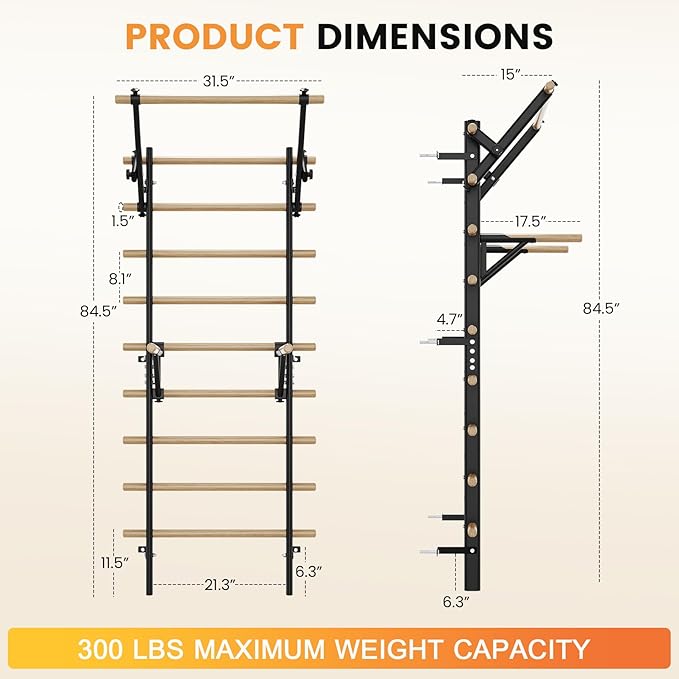 Swedish Ladder Wall Gym, Stall Bar Home Gym with Adjustable Pull-Up Bar, Dip Bar Attachments & 2pcs Resistance Band, 9 Strategic Rods for for Home, School, Hysical Therapy and Gymnastics