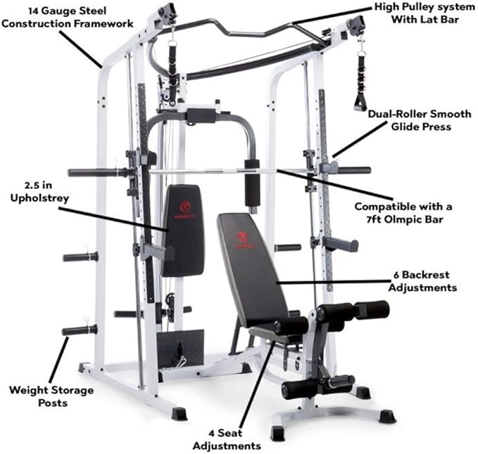 Marcy Smith Cage Workout Machine Full Body StrengthTraining Home Gym Equipment System with Leg Developer, Press Bar, PEC Deck, and Squat Rack