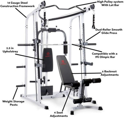 Marcy Smith Cage Workout Machine Full Body StrengthTraining Home Gym Equipment System with Leg Developer, Press Bar, PEC Deck, and Squat Rack