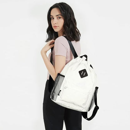 WANDF Drawstring Backpack Sports Gym Bag with Shoes Compartment, Water-Resistant String Backpack Cinch for Women Men (Small,Beige)