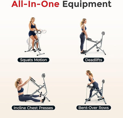 Sunny Health & Fitness Row-N-Ride Squat Machines, Adjustable Resistance and Seating/Handle for Home Glutes Training, SunnyFit App Access Included, Optional 300LB Weight Capacity