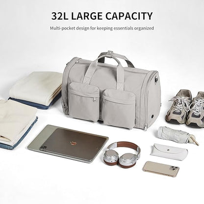 Aji Foldable Gym Bag for Women Men with Shoes Compartment, 3 in 1 Carry on Travel Duffel Bag with Trolley Sleeve, Lightweight&Water Resistant Duffel Bag for Travel, Sport, Fitness&Workout,Elegant Gray