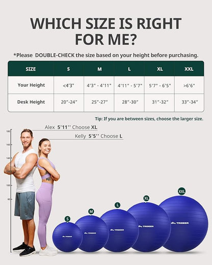 Trideer Exercise Ball for Yoga, Pilates & Fitness – Stability Ball Equipment for Home Gym & Office Chair, Core & Balance Training Accessories, Physical Therapy Equipment, Quick Pump Included, 5 Sizes