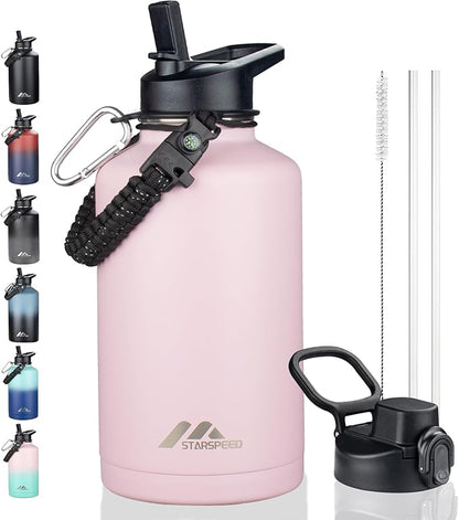 StarSpeed 64oz Insulated Water Bottle with Straws & 2 Lids, Half Gallon Stainless Steel Double Walled Vacuum Water Jug, Large Wide Mouth with Paracord Handle for Gym Camping Hiking, Pink