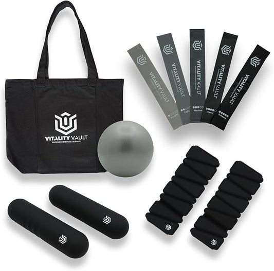 Pilates Pro Power Pack - Workout Essentials - 2.2lb Hand Weights, 2.2lb Ankle Weights/Wrist Weights, Resistance bands, Pilates Ball, Canvas Tote Bag - For Beginners or Advanced - Home or Gym/Studio Use.
