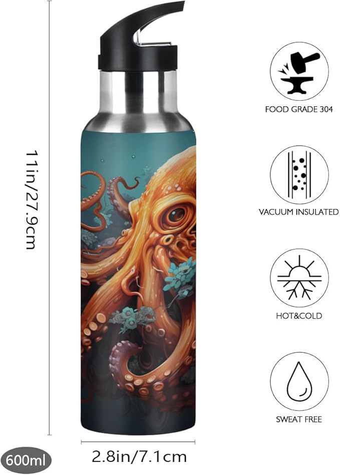AUUXVA Watercolor Sea Ocean Octopus Water Bottle Vacuum Insulated Stainless Steel Mug Kids Water Bottle with Straw and Handle Keep Hot Cold Sport Bike Fit Travel Outdoor 20 oz