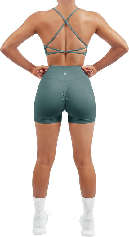 SUUKSESS Women Seamless Workout Sets Strappy Sports Bra High Waist Booty Shorts Outfits