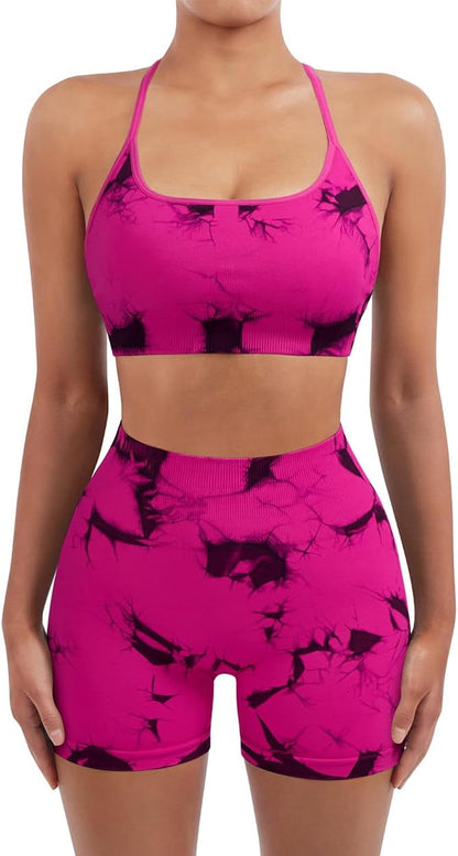 SUUKSESS Women Seamless Workout Sets Strappy Sports Bra High Waist Booty Shorts Outfits