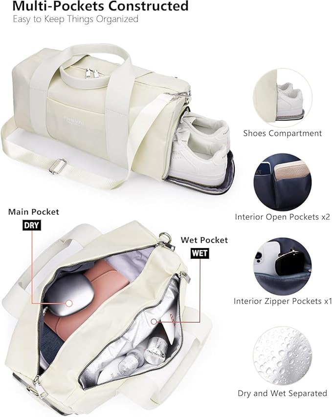 Sports Small Gym Bag for Women, Cute Mini Duffle Bag with Wet Pocket & Shoes Compartment, Personal Item Travel Workout Bag, 16"-Small, Beige