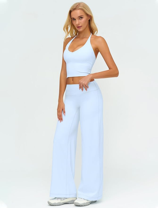 Womens Workout Sets Two Piece Spaghetti Straps Crop Top Matching Straight Leg Pants Gym Work Pilates Outfits