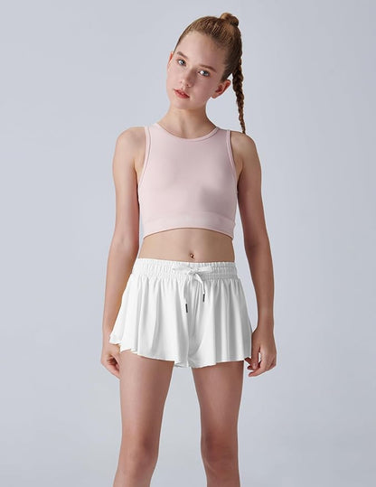 3 Pack Girls Flowy Shorts with Spandex Liner 2-in-1 Youth Butterfly Skirts for Fitness, Running, Sports