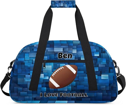 Custom Sports Gym Bags for Boys, Overnight Duffel Bags Workout Training Personalized Sport Gym Bag Travel Practice Gymnastics Duffel Bag, I Love Football Blue Geometric Pattern