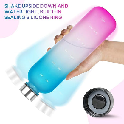 Water Bottle 32 oz, Frosted Style Sports Water Bottles BPA Free Water Bottle With Time Marker,Small mouth Leakproof Water Bottles with Strap for Gym Fitness Hiking Bike Camping (Pink)