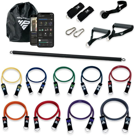 HomeProGym Stackable Resistance Band Set - with Up to 450LBS of Resistance, Band Bar, Premium Handles, Heavy Duty Door Anchor, Padded Ankle Straps, Digital Workout Guide