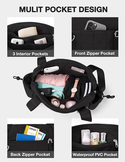 VUUDH Mini Gym Bag for Women Puffy Bag, Small Gym Bag with Coin Wallet, Lightweight Gym Tote Bag for Fitness, Work, Travel, Daily Commute,Black