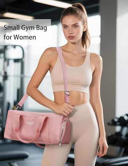 Sports Small Gym Bag for Women Girls, Cute Mini Duffle Bag with Wet Pocket & Shoes Compartment, Personal Item Travel Workout Bag, 16"-Small, Pink