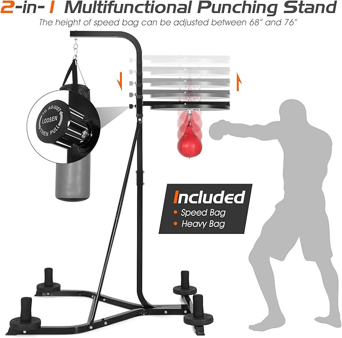 Goplus Punching Bag with Stand for Adults, Free-Standing Heavy Bag Stand with Height Adjustable Speed Bag for Boxing, Sandbag Rack Bracket Station for Home Gym Workout Fitness, Holds up to 220LBS