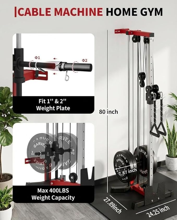 Wall Mounted Cable Machine for Home Gym, 19-Position High & Low Cable Machine with Dual Pulley System,LAT Pulldown, 400Lb Capacity, Space Saving Strength Training Equipment for Garage & Home