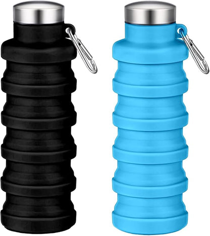 Collapsible Water Bottles,16oz Capacity Portable Reusable Silicone Water Bottle,Leak-proof,with buckle,foldable storage,Lightweight Durable for Fitness,Cycling,Sports,Camping,Hiking (Black+Blue)