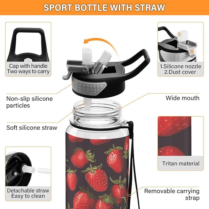 ALAZA Strawberry on Black Sports Water Bottle with Straw Tritan Drink Bottle 32 oz BPA Free Reusable for Travel Outdoor Fitness