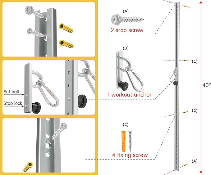 Adjustable Wall-Mounted Anchor Fitness System with Automatic Locking Function， Resistance Band Wall Anchor Exercise Equipment for at Home Gym Fitness Workout,Black