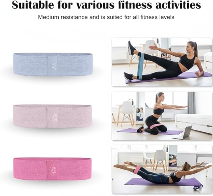 Fabric Resistance Bands Set, 3 Colors with Carry Bag, Non-Slip Workout Bands for Legs and Glutes- Different streght Levels.