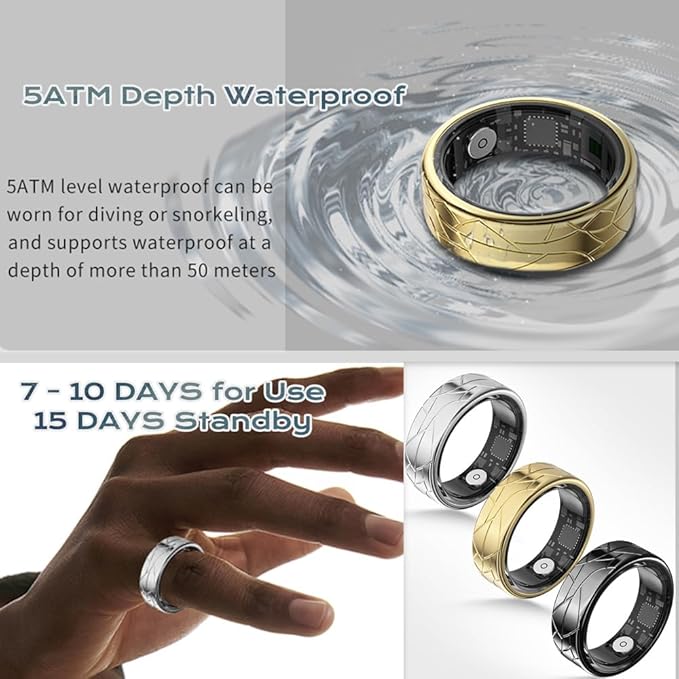 Smart Ring Fitness Tracker Sleep Tracking Heart Rate Monitor Pedometer, Waterproof Activity Tracker Fitness Ring Steps Counter, Gesture Controls for Short Video, 8 Days Last, Gold, #8