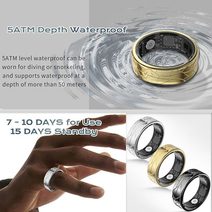 Smart Ring Fitness Tracker Sleep Tracking Heart Rate Monitor Pedometer, Waterproof Activity Tracker Fitness Ring Steps Counter, Gesture Controls for Short Video, 8 Days Last, Gold, #10
