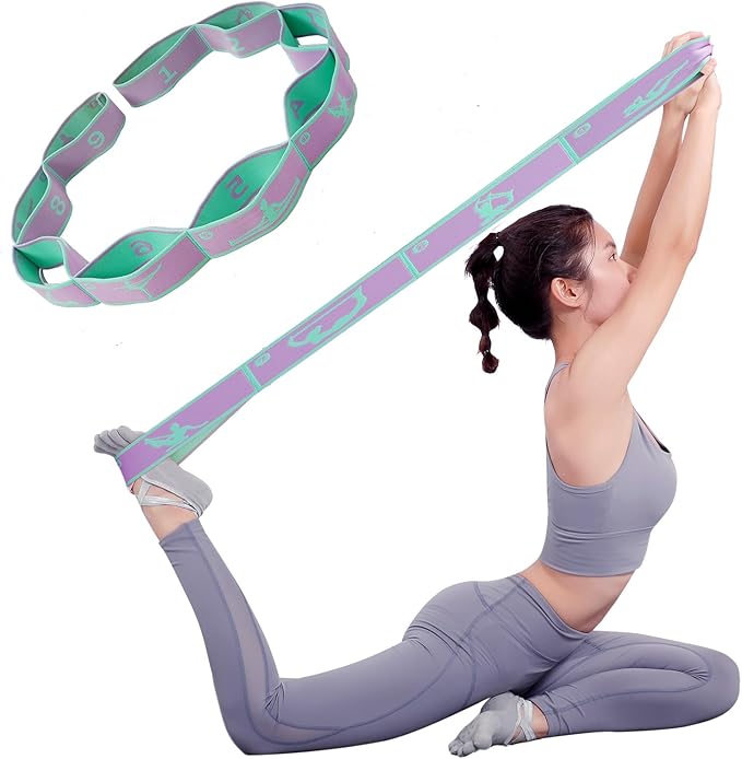 Elastic Yoga Stretching Strap with 9 Loops Pattern Guide, Stretch Straps for Pilates, Dance, Gymnastics Physical Therapy, Multi-Loop Adjustable Exercise Bands