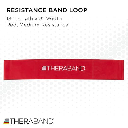 THERABAND Resistance Band Loops, 18" Red, Medium Resistance, Latex Color-Coded 3" Wide Exercise Band Loop for Home Workouts, Pilates, Strength Training, Physical Therapy, for Women and Men