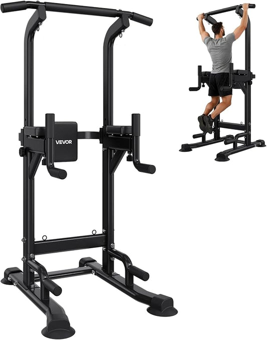 VEVOR Pull Up Bar, 330 LBS Power Tower Dip Station, Workout Dip Station with H-Shaped Stable Base & Back Pad, Adjustable 12 Level Height Free Standing Chin Up Bar for Back, 4-Level Adjustable Back Pad
