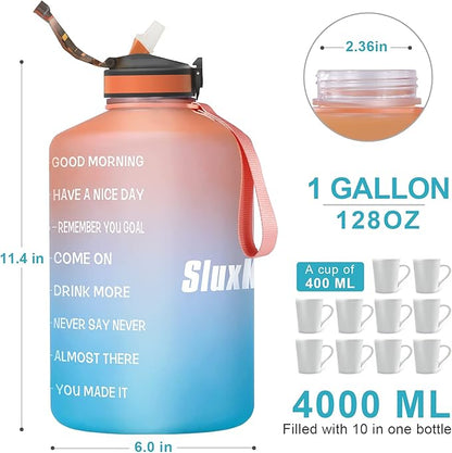 1 Gallon Motivational Sports Water Bottle with Time Marker, BPA Free 128oz Leak Proof Jug, Black, Plastic, 128 ounces, Fitness, Sports, Outdoor Activities
