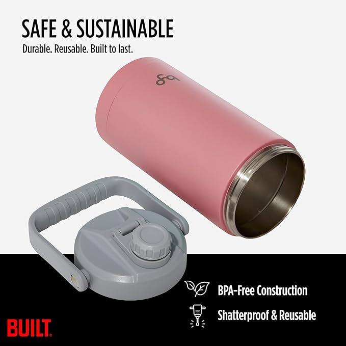 Built Byo 64 Oz Double Walled Insulated Stainless Steel Bottle (Pink) - BPA-Free Leakproof Chug Lid, Durable Sweat-Proof Silicone Grip Handle - Hydration Essential for Gym, Fitness, Healthy Lifestyle