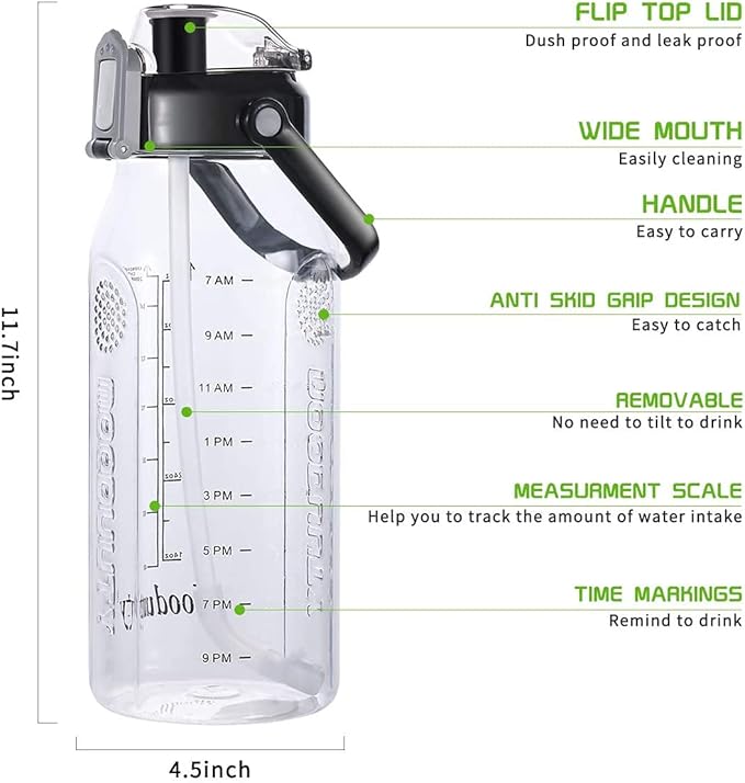 Motivational Half Gallon/64oz Water Bottle with Straw & Time Marker& Handle, Leak-Proof Tritan Water Jug for Fitness,Outdoor, Sport (Black)