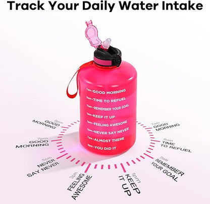 Motivational Gallon Water Bottle, BPA Free, Large Sport Water Jug with Handle & Straw, for Fitness, Outdoor, Gym, Travel, Camping, Office (Pink)